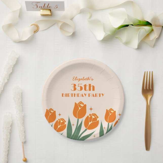 Plato De Papel Elegante retro Tulip Floral Naranja Cumpleaños (Boda)