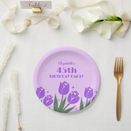 Plato De Papel Elegante Retro Tulip Floral Purple Cumpleaños