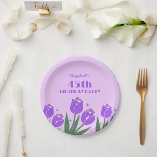 Plato De Papel Elegante Retro Tulip Floral Purple Cumpleaños