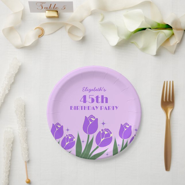 Plato De Papel Elegante Retro Tulip Floral Purple Cumpleaños (Boda)