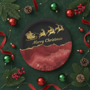 Plato De Papel Elegante Rojo Dorado Trineo de Santa Feliz Navidad