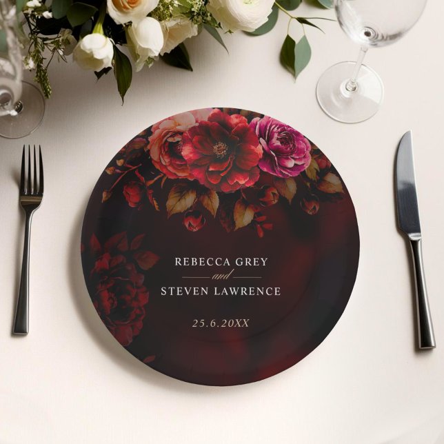 Plato De Papel Elegante rojo negro floral Boda moody romántico (Subido por el creador)