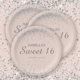Plato De Papel Elegante Rosa Beige Plata Brillo Dulce Nombre 16