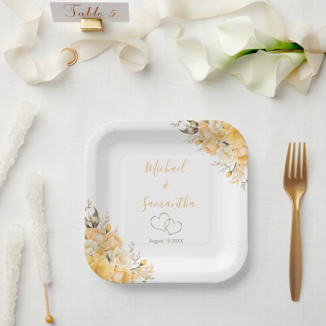 Plato De Papel Elegante Rosa Boda amarillo e marfil (Boda)