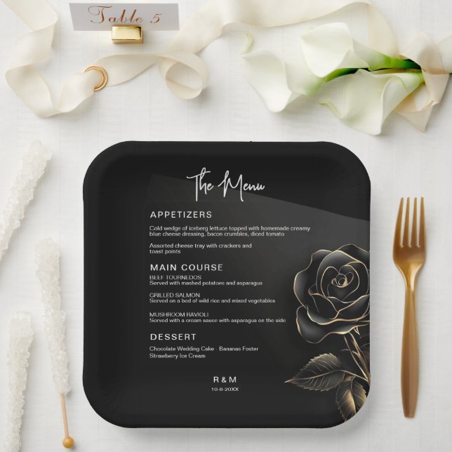 Plato De Papel Elegante Rosa Boda negro y oro (Boda)
