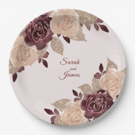 Plato De Papel Elegante Rosa Borgoña Purpurina de oro Boda floral