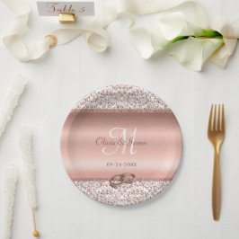 Plato De Papel Elegante Rosa Damask Monograma dorado Boda