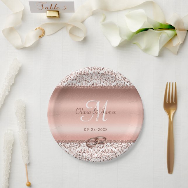 Plato De Papel Elegante Rosa Damask Monograma dorado Boda (Boda)
