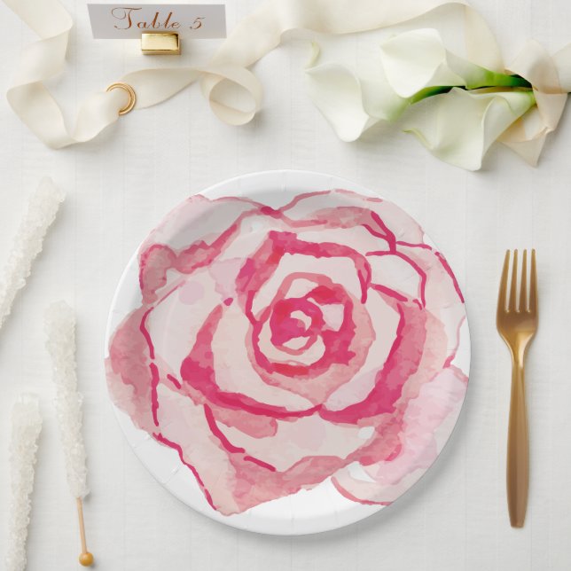 Plato De Papel Elegante Rosa de acuarela rosa (Boda)