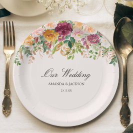 Plato De Papel Elegante Rosa de caligrafía Boda floral jardín