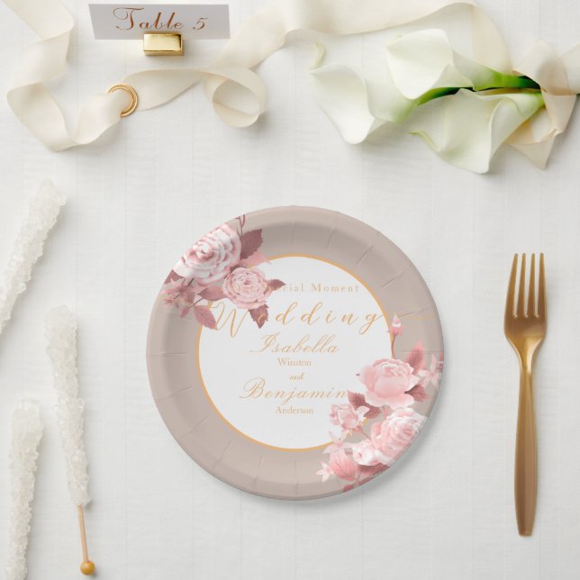 Plato De Papel Elegante Rosa de Moda Boda Blanco (Boda)