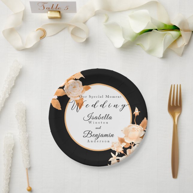 Plato De Papel Elegante Rosa de oro Boda negro (Boda)