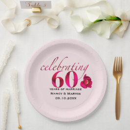 Plato De Papel Elegante rosa floral 60º aniversario fecha