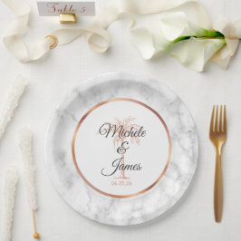 Plato De Papel Elegante Rosa Gris Oro Palm Tree Marble Boda