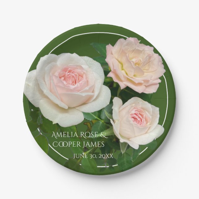 Plato De Papel Elegante rosa melocotón blanco rosas floral (Anverso)