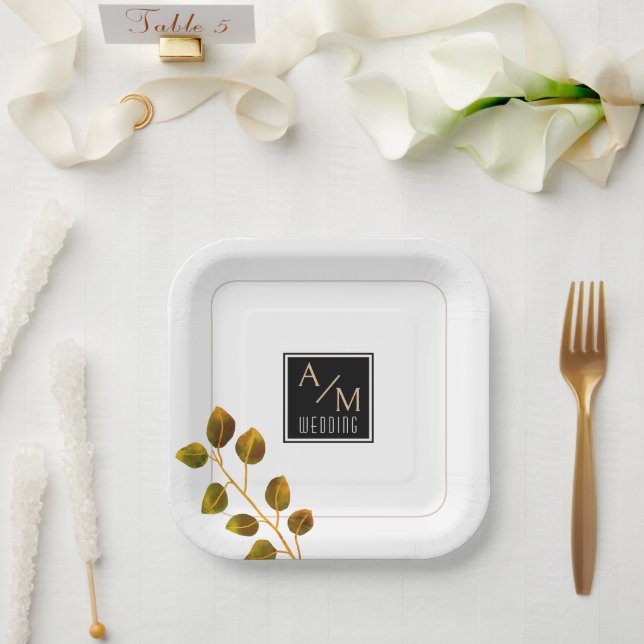 Plato De Papel Elegante Rosa Monograma Blanco (Boda)