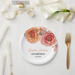 Plato De Papel Elegante Rosa Naranja Rojo Floral Cumpleaños