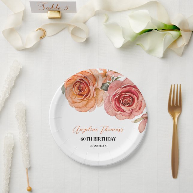 Plato De Papel Elegante Rosa Naranja Rojo Floral Cumpleaños (Boda)