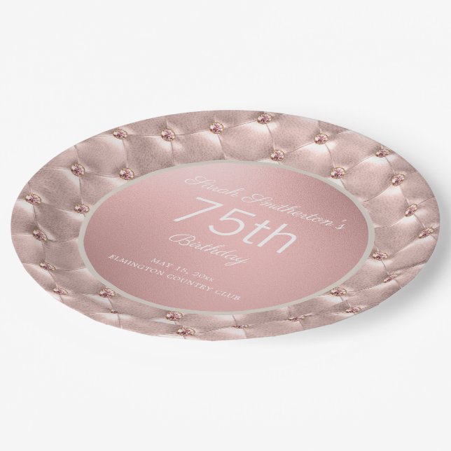 Plato De Papel Elegante Rosa Oro Cumpleaños 75 (Angular)