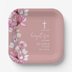 Plato De Papel Elegante Rosa Polvo Rosa Elegante Floral Bautizo