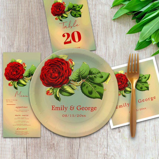 Plato De Papel Elegante Rosa Rojo Romántico Boda Floral de verano (Subido por el creador)