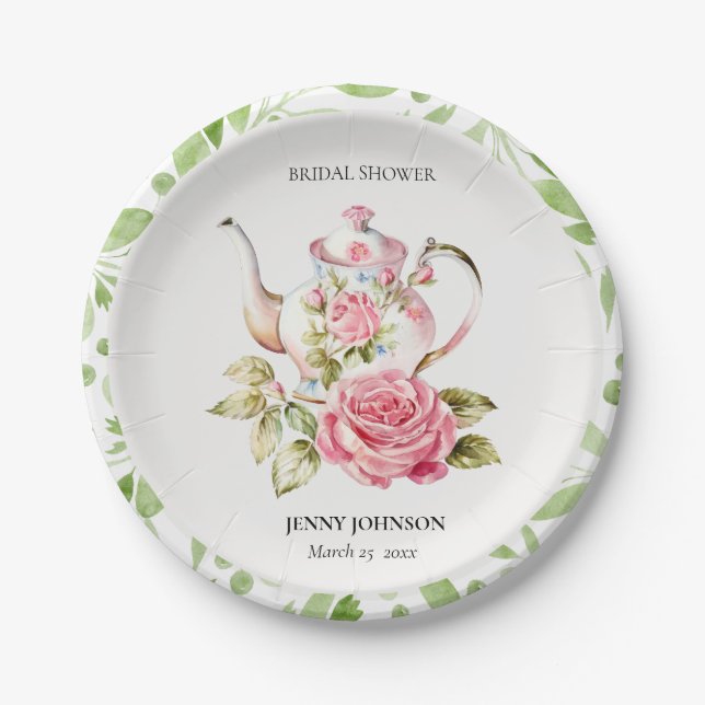 Plato De Papel Elegante Rosa Verde Floral Flores Ducha de Novia (Anverso)