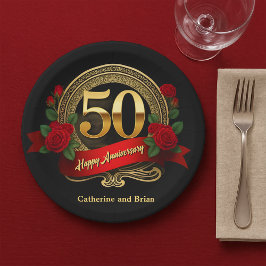Plato De Papel Elegante Roses Rojas y Oro 50 Aniversario Boda