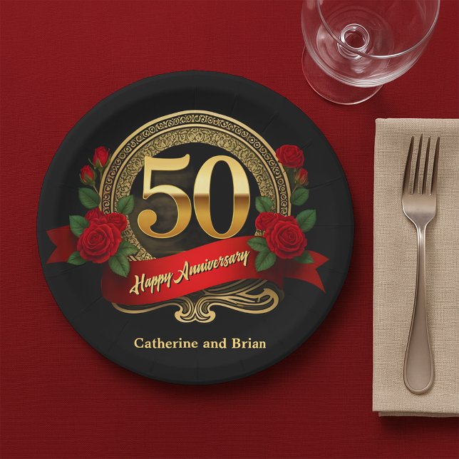 Plato De Papel Elegante Roses Rojas y Oro 50 Aniversario Boda (Subido por el creador)