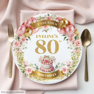 Plato De Papel Elegante Rubor Floral 80th Birthday Paper Plates