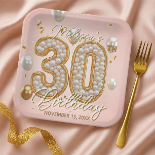 Plato De Papel Elegante Rubor Pink Gold Pearl Mosaic 30 cumpleaño