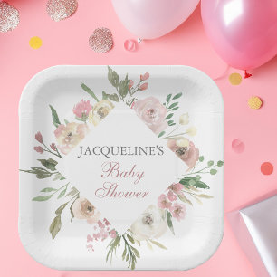 Plato De Papel Elegante Rubor Pink Ivory Floral Spring Baby Showe