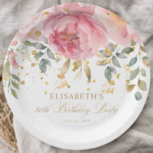 Plato De Papel Elegante Rubor Pink Peony Floral 80 cumpleaños