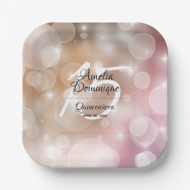 Plato De Papel Elegante Rubor Rosa Quinceañera (Anverso)