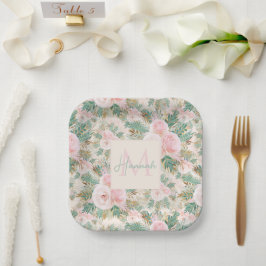 Plato De Papel Elegante Rubor rosa Roses Floral Mint Golden Leave