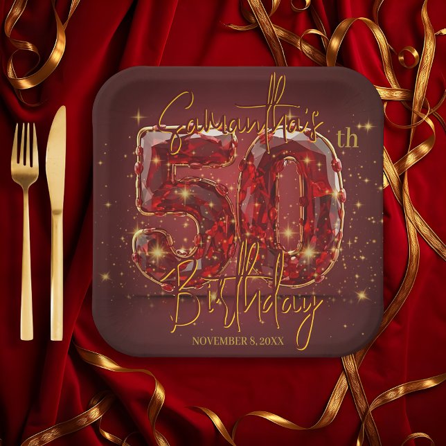 Plato De Papel Elegante Ruby y Gemstone Oro 50 cumpleaños (Subido por el creador)