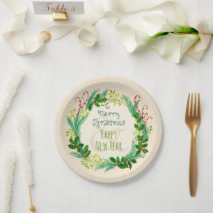 Plato De Papel Elegante Rustic Modern Green Taupe Feliz Navidad