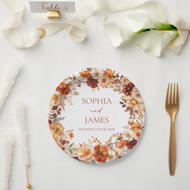 Plato De Papel Elegante Rústico Otoño Floral Boda (Boda)