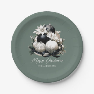 Plato De Papel Elegante sabio negro marfil verde adorno de Navida