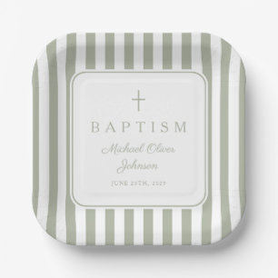 Plato De Papel Elegante Sabio Verde Religioso Bautizo Niño