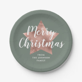 Plato De Papel Elegante Sage Green Faux Gold Star Feliz Navidad