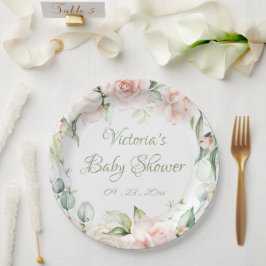 Plato De Papel Elegante Sage Green Floral Baby Shower