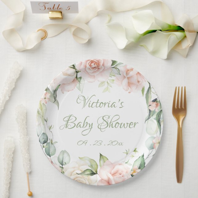 Plato De Papel Elegante Sage Green Floral Baby Shower (Boda)
