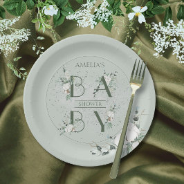Plato De Papel Elegante Sage Green Floral Baby Shower