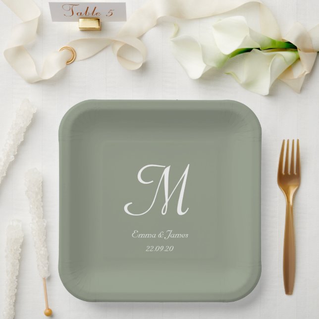 Plato De Papel Elegante Sage Green Monogram Party Cocktail (Boda)
