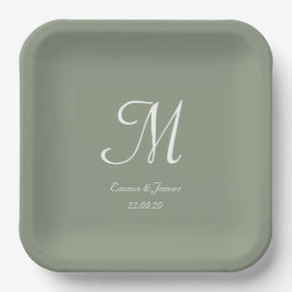Plato De Papel Elegante Sage Green Monogram Party Cocktail