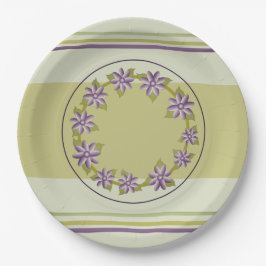 Plato De Papel Elegante Sage Verde y Morado Floral y Stripe