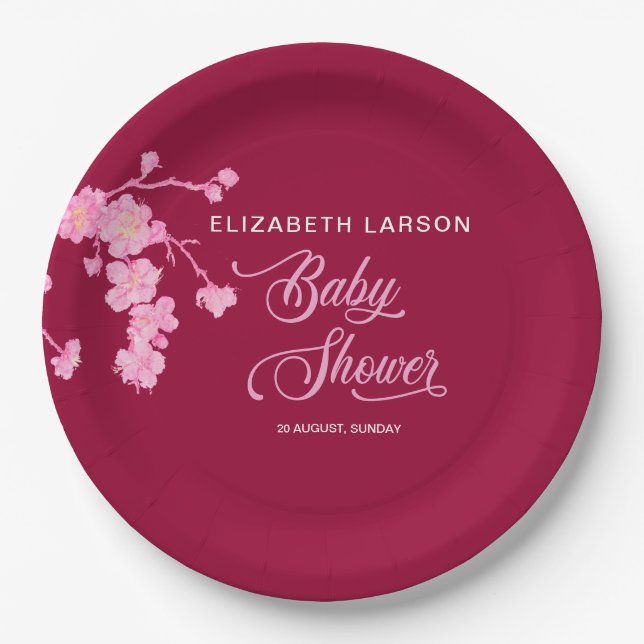 Plato De Papel Elegante Sakura Cherry Blossoms Baby Shower (Anverso)