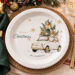Plato De Papel Elegante Santa Claus en Coche de Nieve de Acuarela