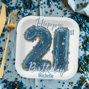 Plato De Papel Elegante Sapphire Azul & Oro 21 cumpleaños