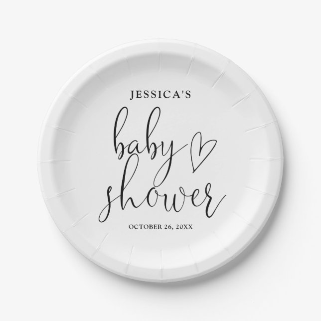 Plato De Papel Elegante Script Baby Shower Blanco Y Negro (Anverso)